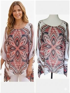 Dana Buchman poncho blouse Sheer with red & blue mandala print Women's Size XL